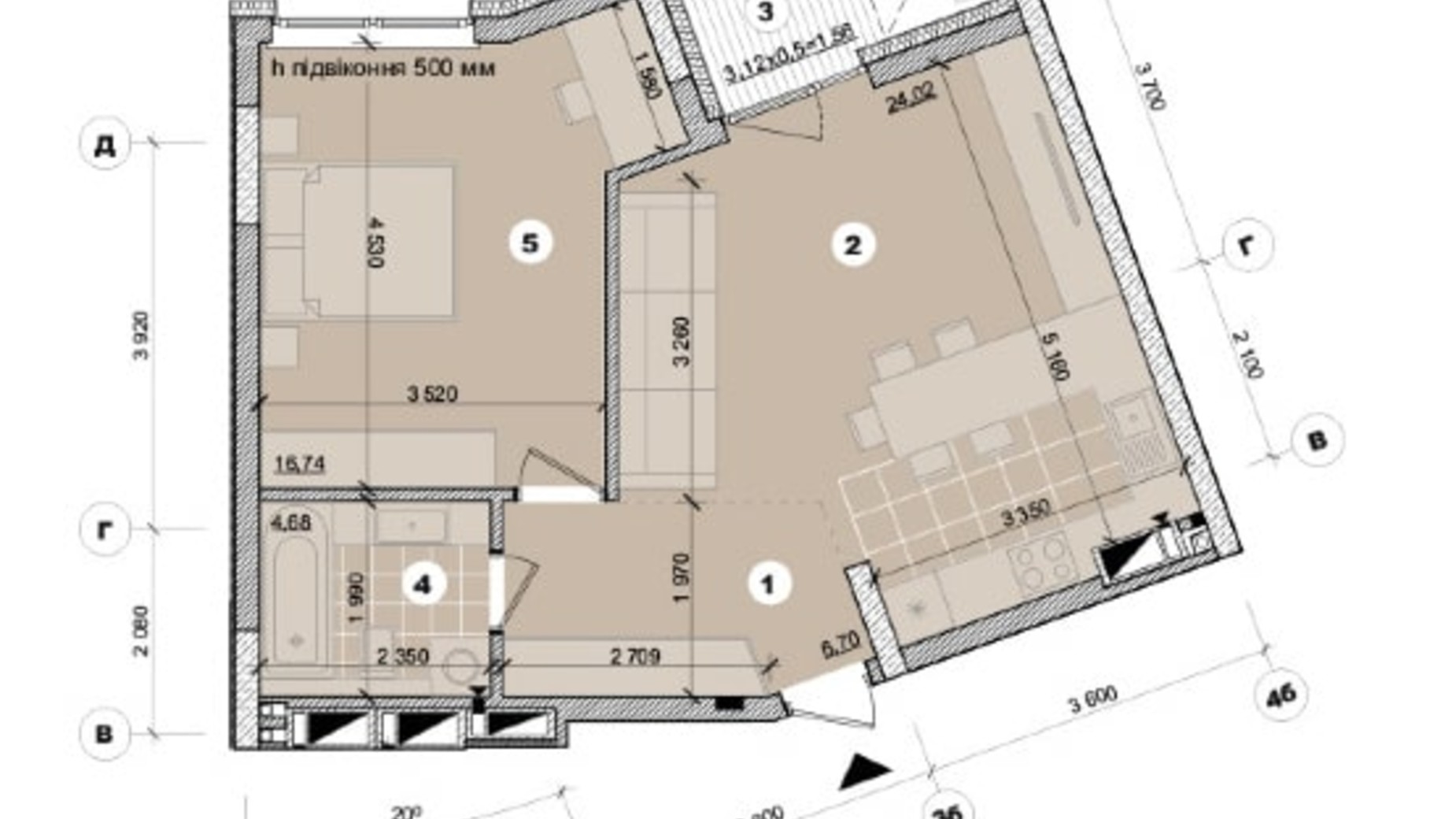 Планировка 2-комнатной квартиры в ЖК ул. Евгена Маланюка (Сагайдака), 101 53.7 м², фото 251678