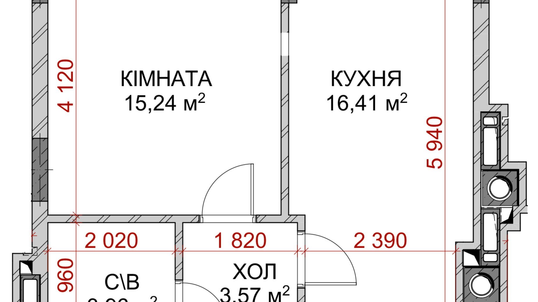 Планування 1-кімнатної квартири в ЖК Riverside 35.54 м², фото 251822