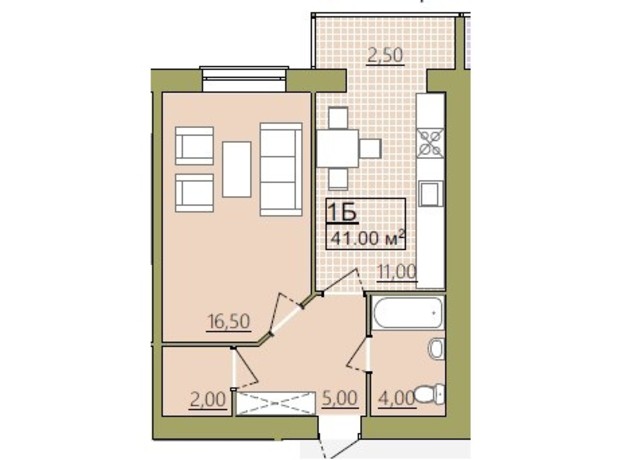 ЖК Містечко Центральне: планировка 1-комнатной квартиры 41 м²