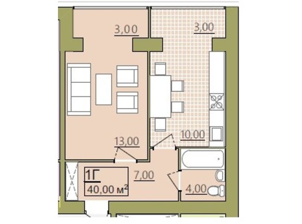 ЖК Містечко Центральне: планировка 1-комнатной квартиры 40 м²