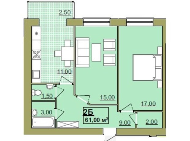 ЖК Містечко Центральне: планировка 2-комнатной квартиры 61 м²
