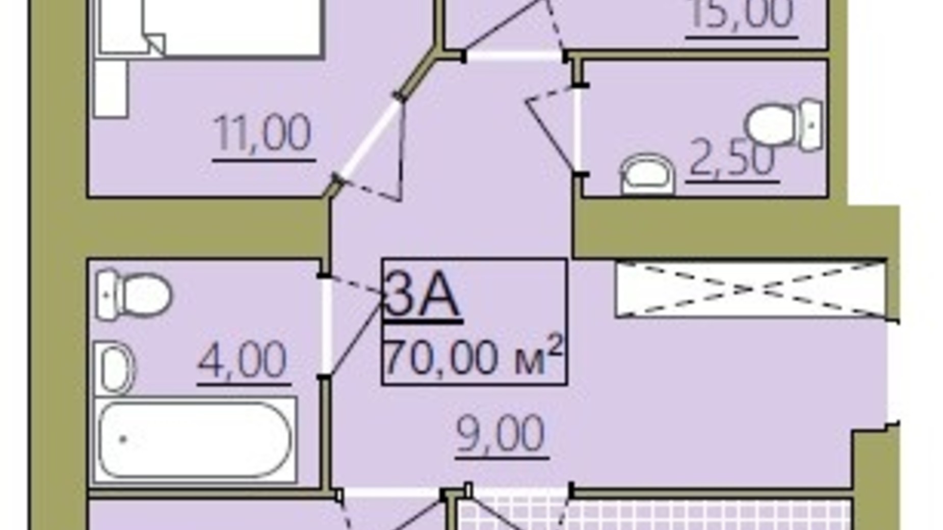 Планировка 3-комнатной квартиры в ЖК Містечко Центральне 70 м², фото 252204