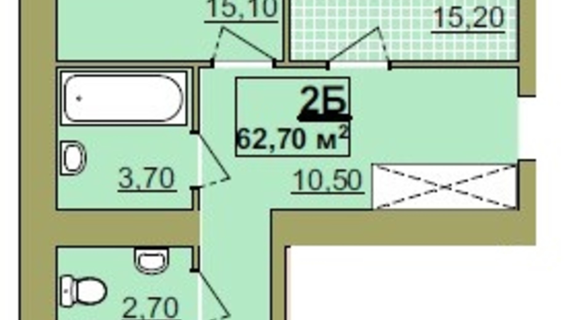 Планування 2-кімнатної квартири в ЖК Містечко Центральне 62.7 м², фото 252257