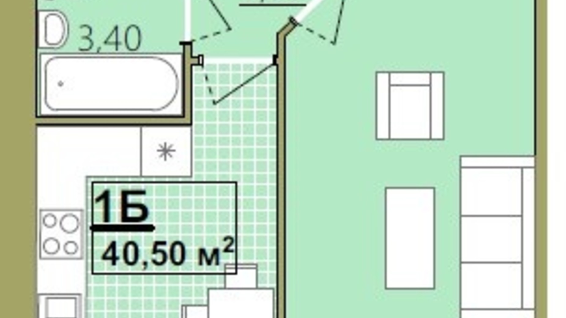 Планування 1-кімнатної квартири в ЖК Містечко Центральне 40.5 м², фото 252259