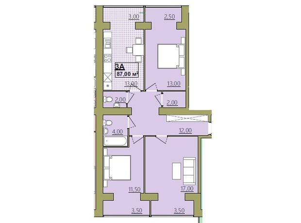 ЖК Містечко Центральне: планировка 3-комнатной квартиры 87 м²