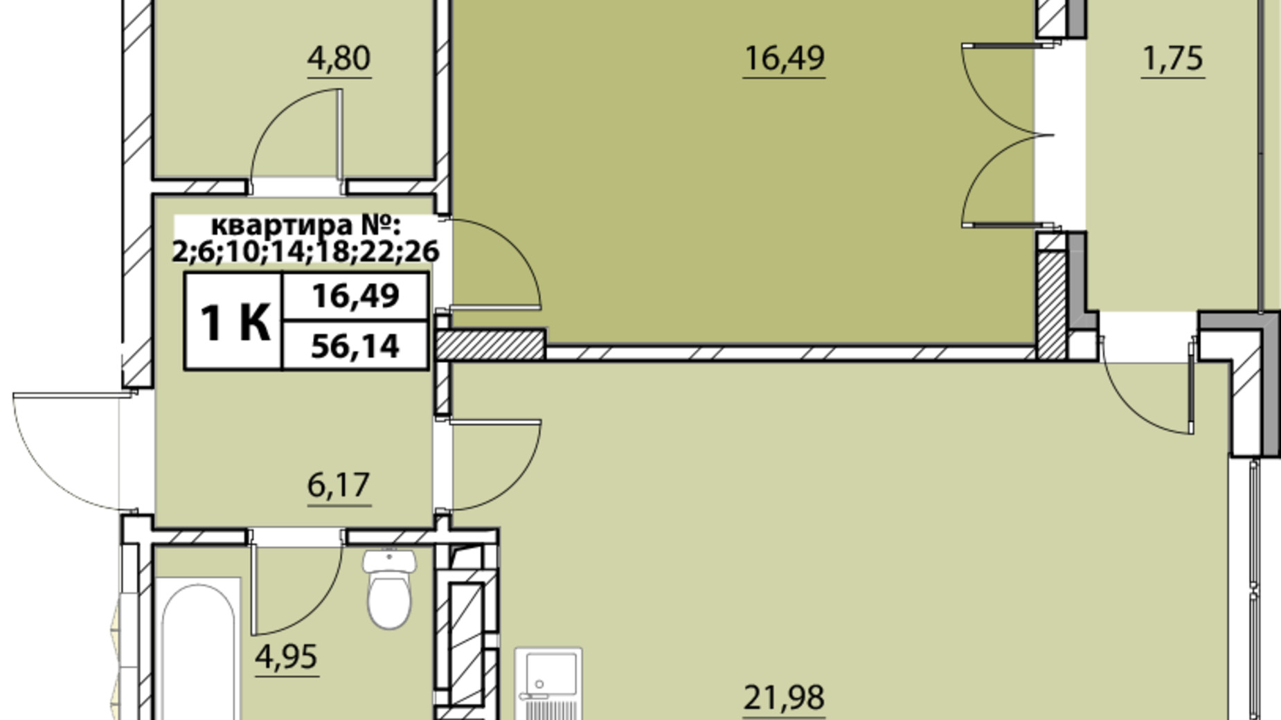 Планировка 1-комнатной квартиры в ЖК Гиацинт-Люкс 56.14 м², фото 252905