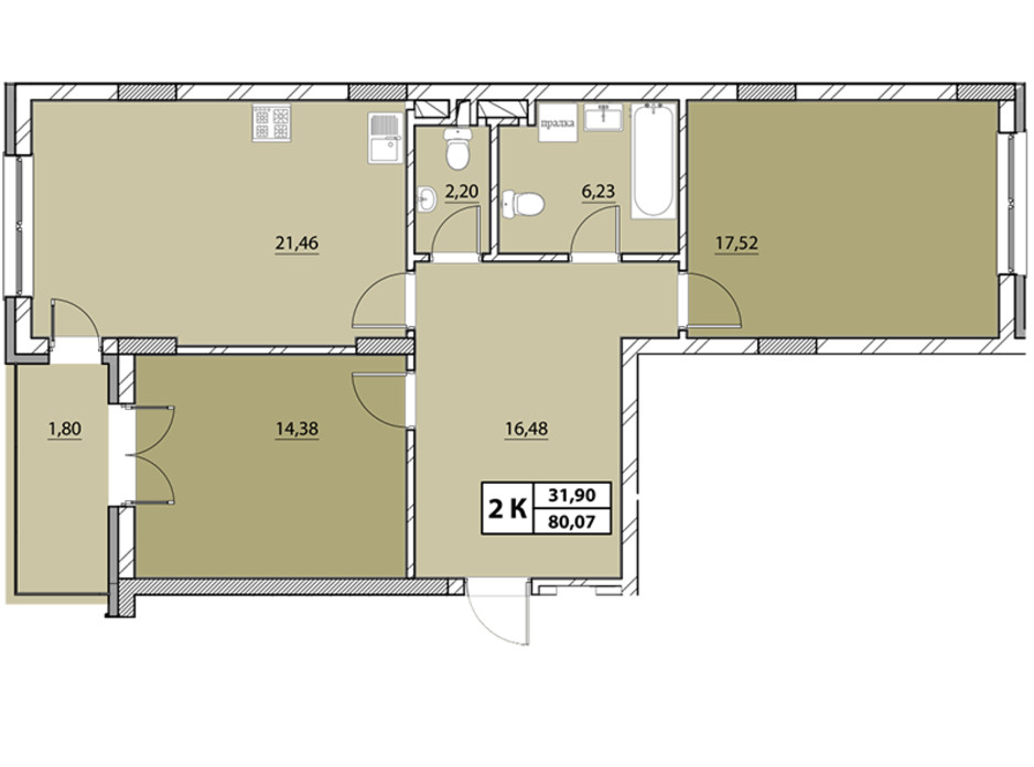 Планировка 2-комнатной квартиры в ЖК Гиацинт-Люкс 80.07 м², фото 252907 Планировка 2-комнатной квартиры в ЖК Гиацинт-Люкс 80.07 м², фото 252907