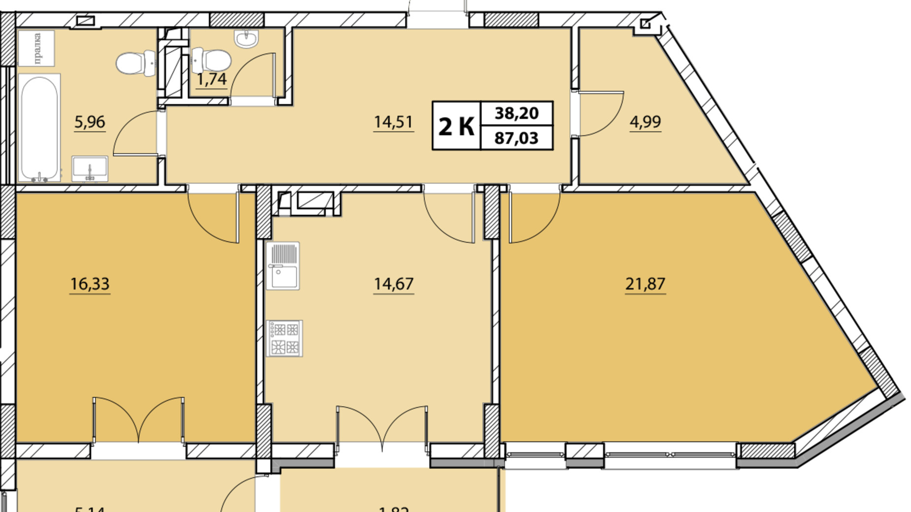 Планировка 2-комнатной квартиры в ЖК Гиацинт-Люкс 87.03 м², фото 252909