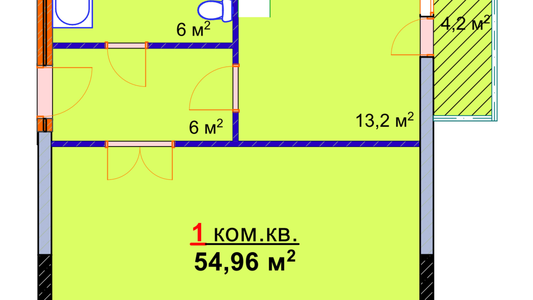 Планировка 1-комнатной квартиры в ЖК Монолит 54.96 м², фото 25296