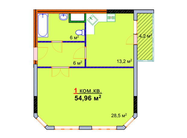 ЖК Монолит: планировка 1-комнатной квартиры 54.96 м²