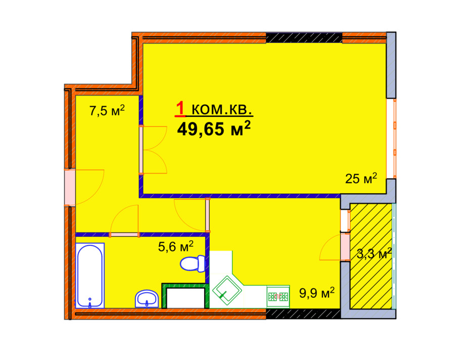Планировка 1-комнатной квартиры в ЖК Монолит 49.65 м², фото 25297 Планировка 1-комнатной квартиры в ЖК Монолит 49.65 м², фото 25297
