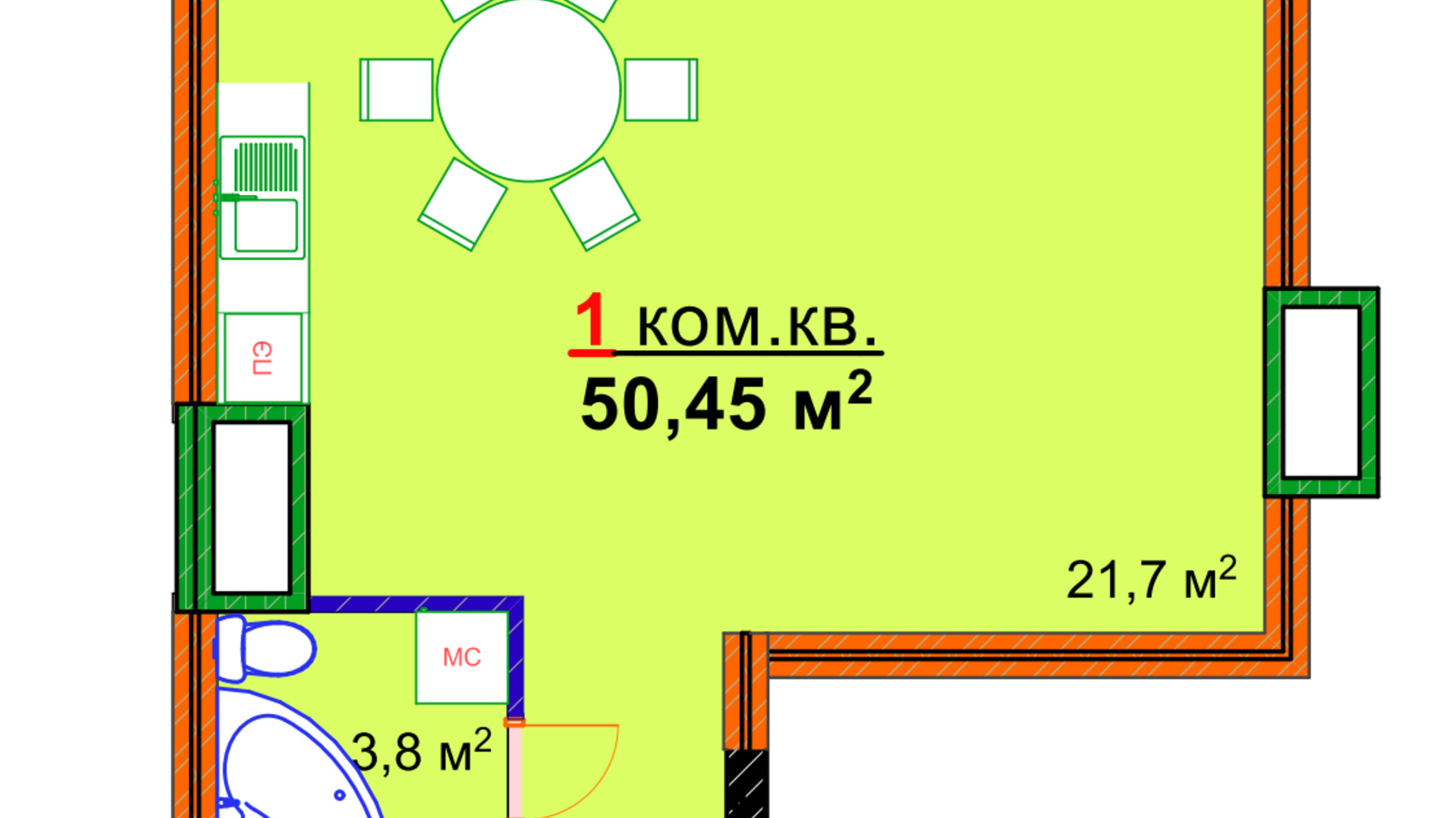 Планировка 1-комнатной квартиры в ЖК Монолит 50.45 м², фото 25298