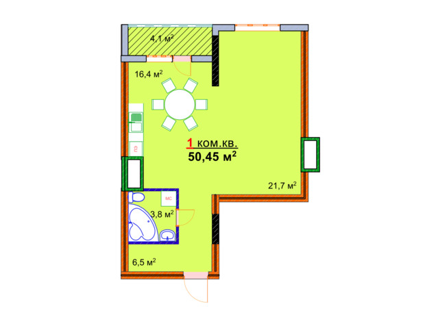 ЖК Моноліт: планування 1-кімнатної квартири 50.45 м²