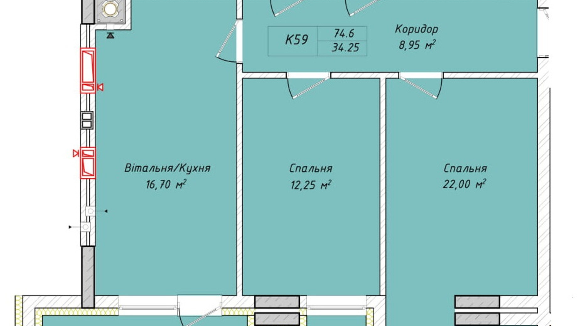 Планування 2-кімнатної квартири в ЖК Сад на Круглій 74.6 м², фото 252980