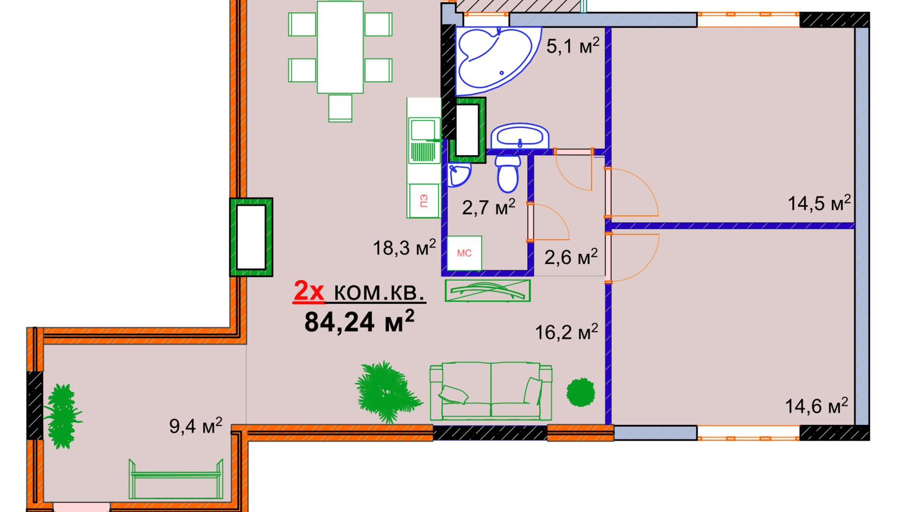 Планировка 2-комнатной квартиры в ЖК Монолит 84.24 м², фото 25299