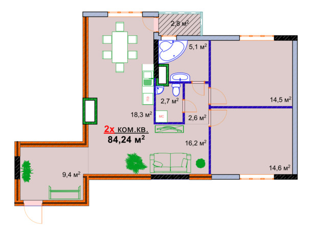 ЖК Монолит: планировка 2-комнатной квартиры 84.24 м²