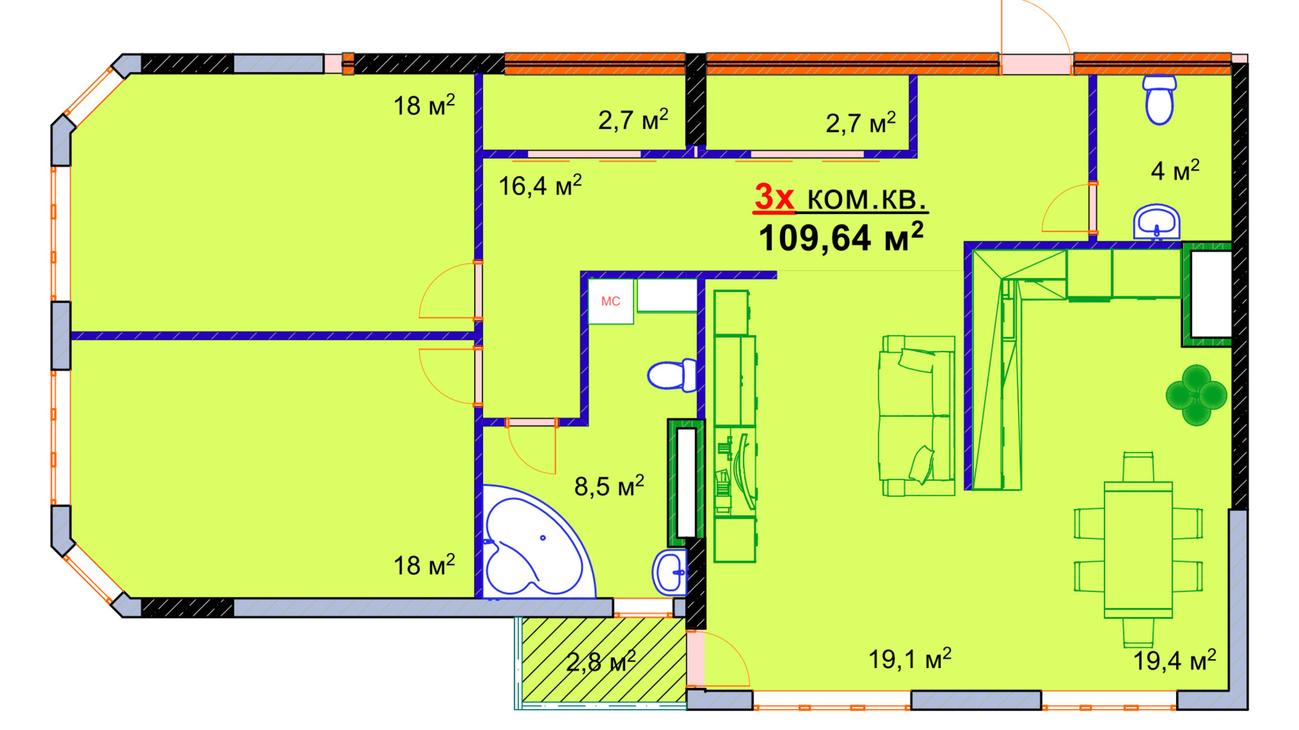 Планировка 3-комнатной квартиры в ЖК Монолит 109.64 м², фото 25300