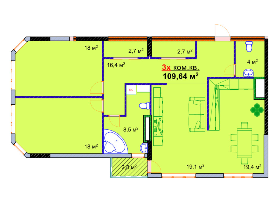 Планировка 3-комнатной квартиры в ЖК Монолит 109.64 м², фото 25300 Планировка 3-комнатной квартиры в ЖК Монолит 109.64 м², фото 25300
