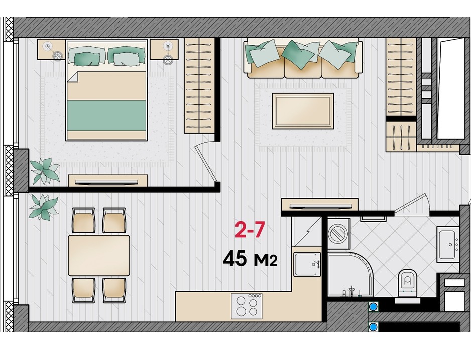 Планировка 1-комнатной квартиры в ЖК Manhattan 45 м², фото 253156 Планировка 1-комнатной квартиры в ЖК Manhattan 45 м², фото 253156