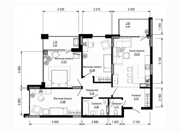 ЖК Pusha house: планировка 3-комнатной квартиры 100.69 м²