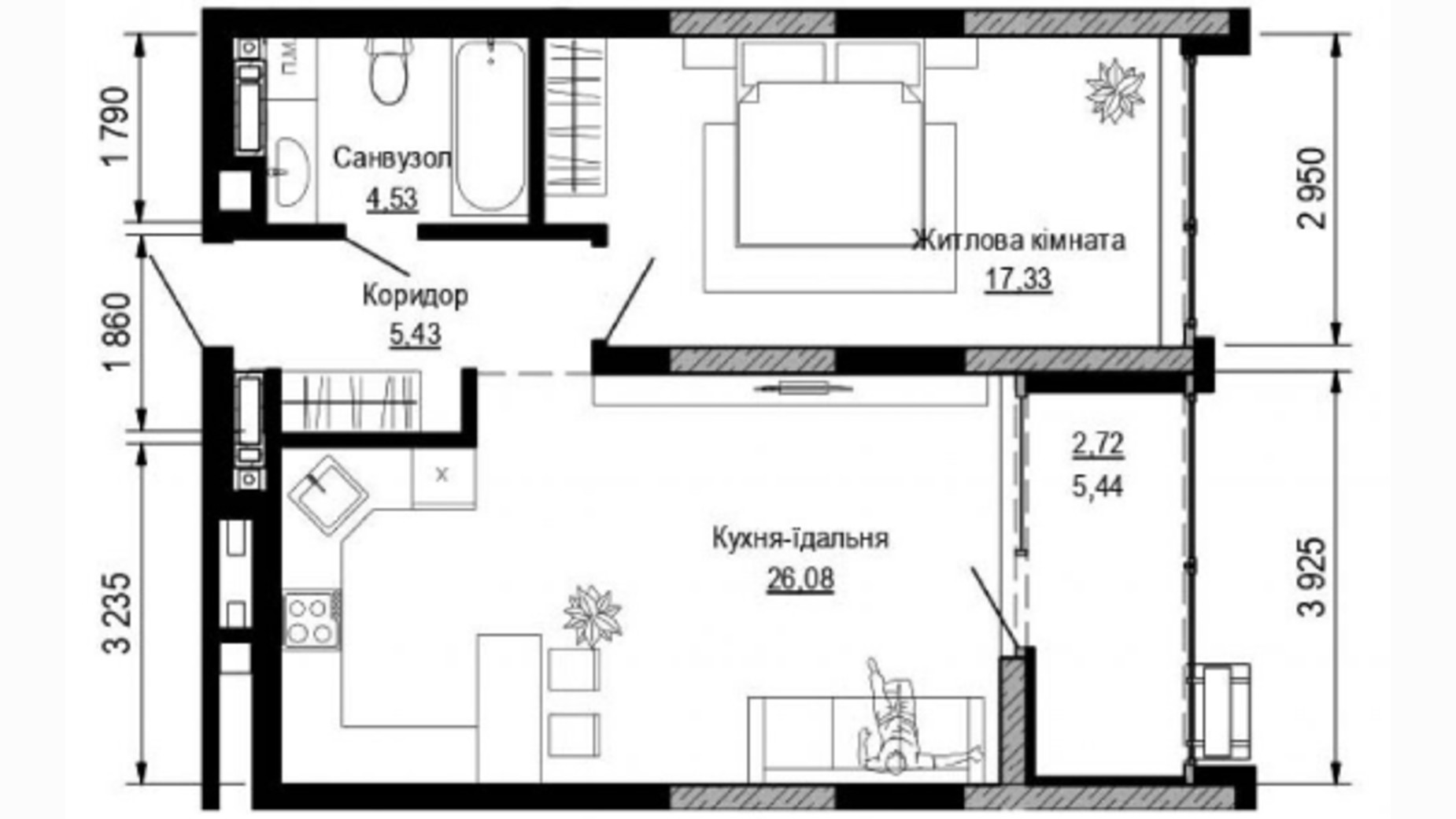 Планировка 1-комнатной квартиры в ЖК Pusha house 59.24 м², фото 253552