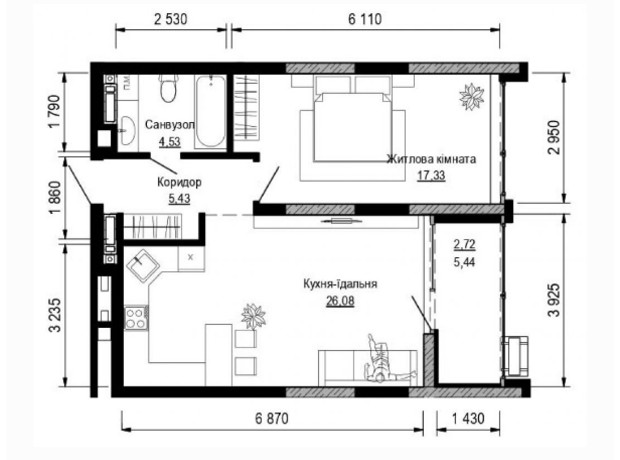 ЖК Pusha house: планировка 1-комнатной квартиры 59.24 м²