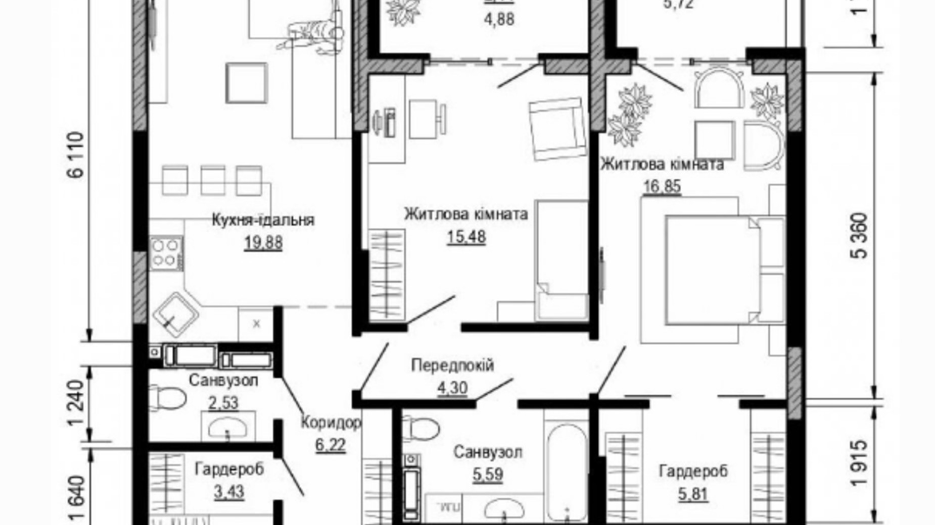 Планування 2-кімнатної квартири в ЖК Pusha house 84.25 м², фото 253553