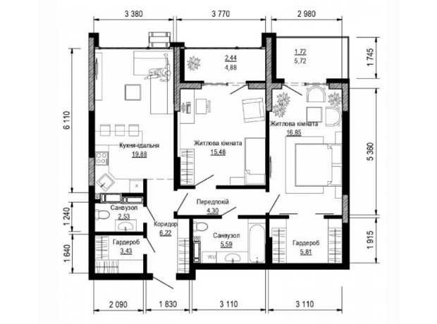 ЖК Pusha house: планування 2-кімнатної квартири 84.25 м²