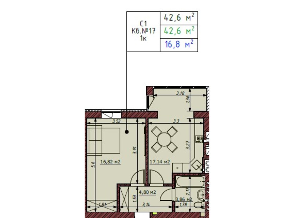 Планировка 1-комнатной квартиры в ЖК Гостомельские Липки 5 42.6 м², фото 253728 Планировка 1-комнатной квартиры в ЖК Гостомельские Липки 5 42.6 м², фото 253728