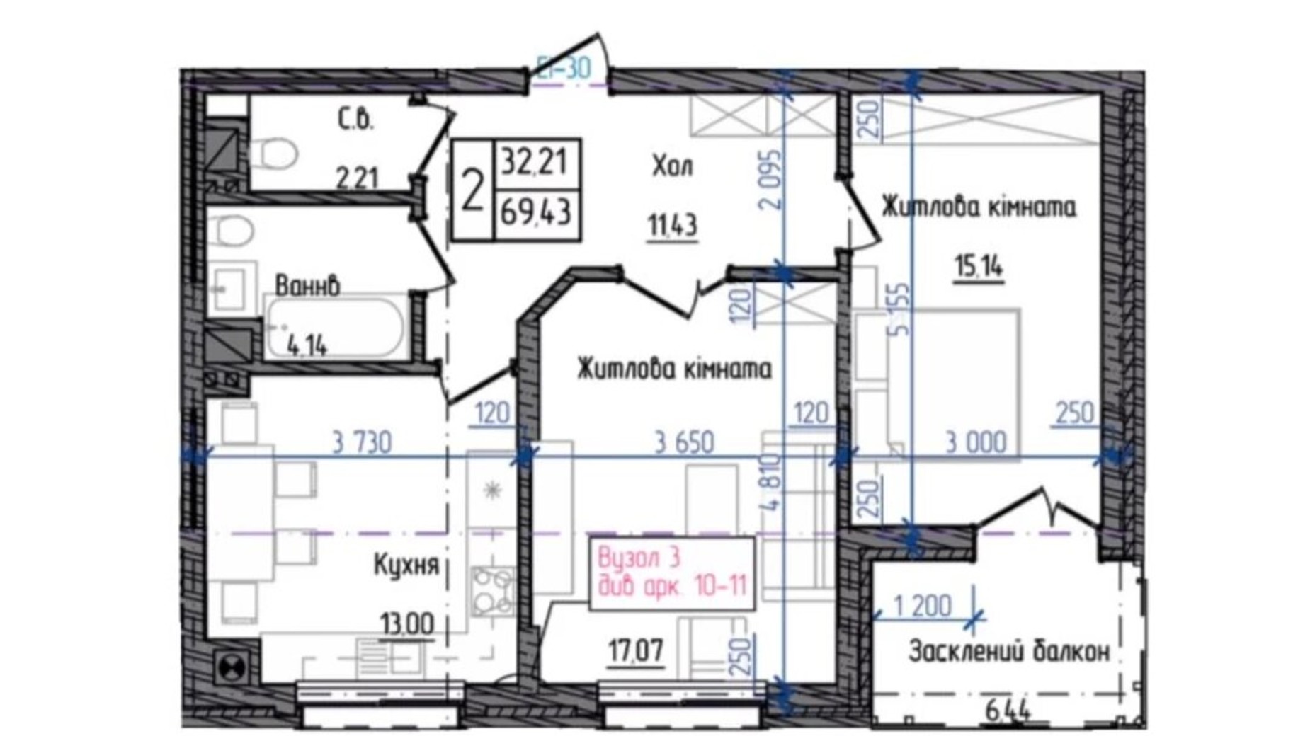 Планировка 2-комнатной квартиры в ЖК Престижный 2 69.43 м², фото 254033