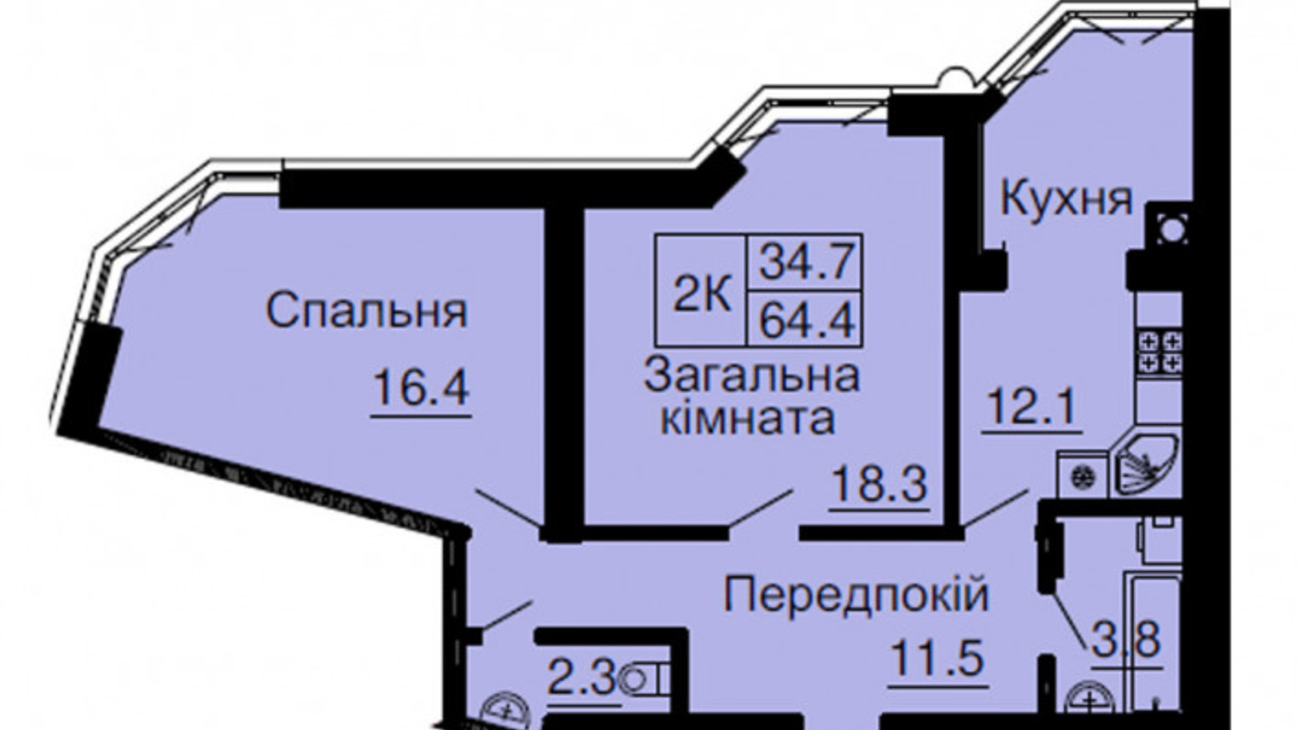 Планировка 2-комнатной квартиры в ЖК София Резиденс 64.4 м², фото 254039
