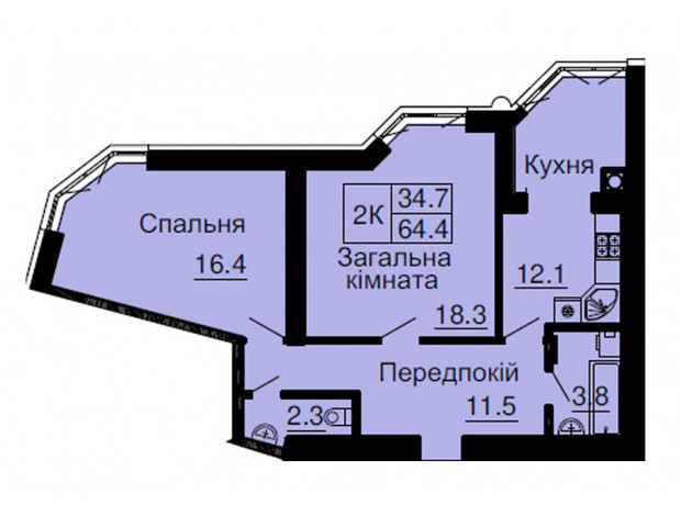 ЖК София Резиденс: планировка 2-комнатной квартиры 64.4 м²