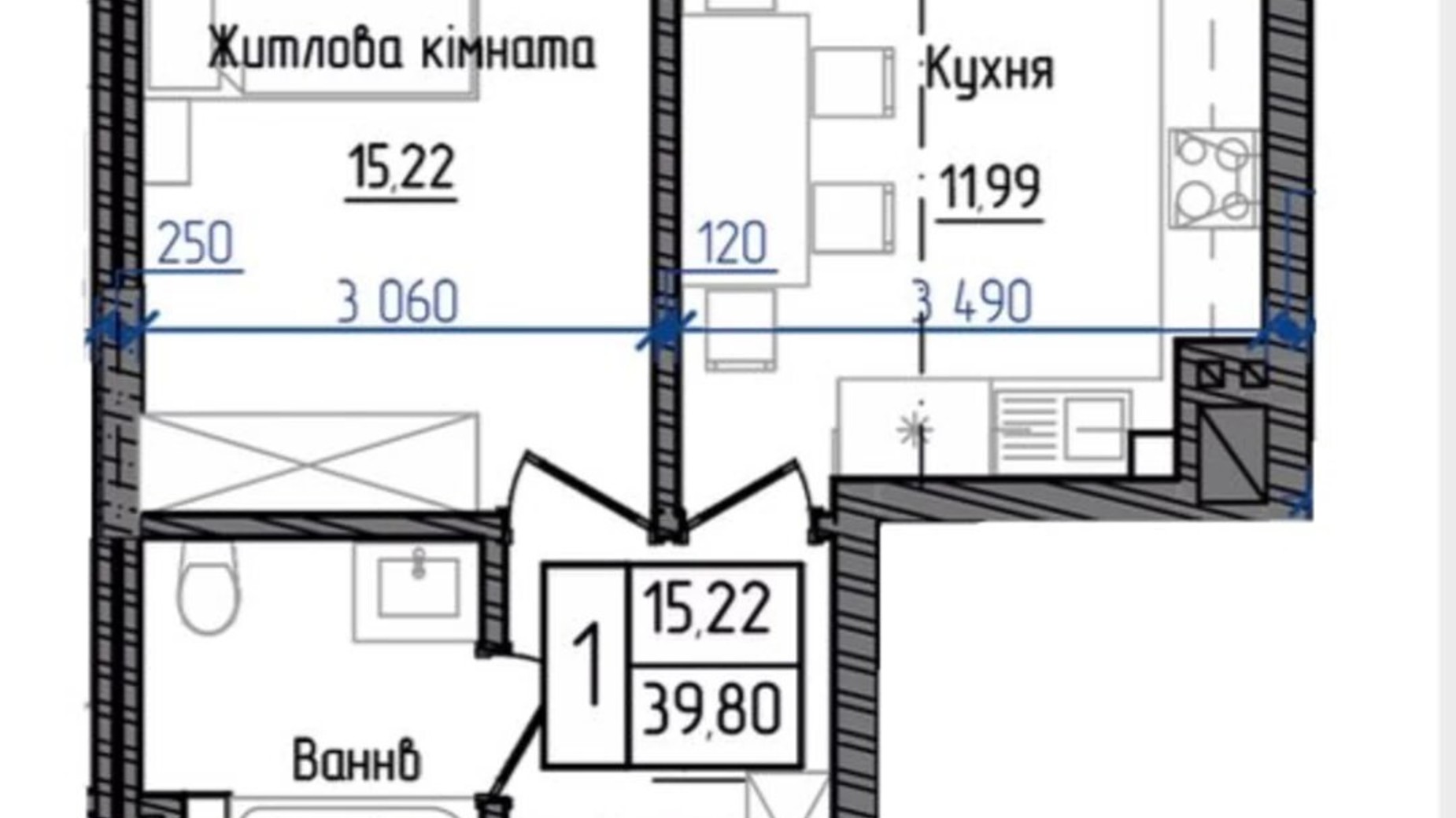 Планування 1-кімнатної квартири в ЖК Престижний 2 39.8 м², фото 254040