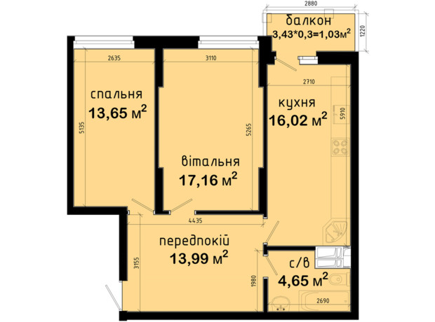 ЖК Авеню 42: планировка 2-комнатной квартиры 66.5 м²
