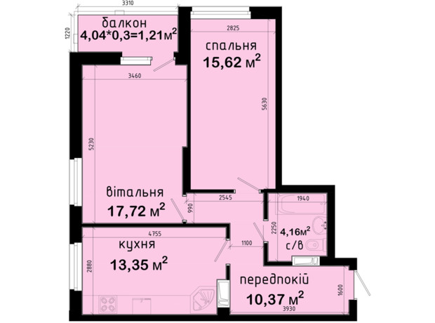 ЖК Авеню 42: планування 2-кімнатної квартири 62.43 м²