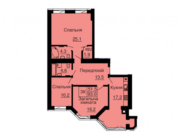 ЖК Софія Резіденс: планування 3-кімнатної квартири 93 м²