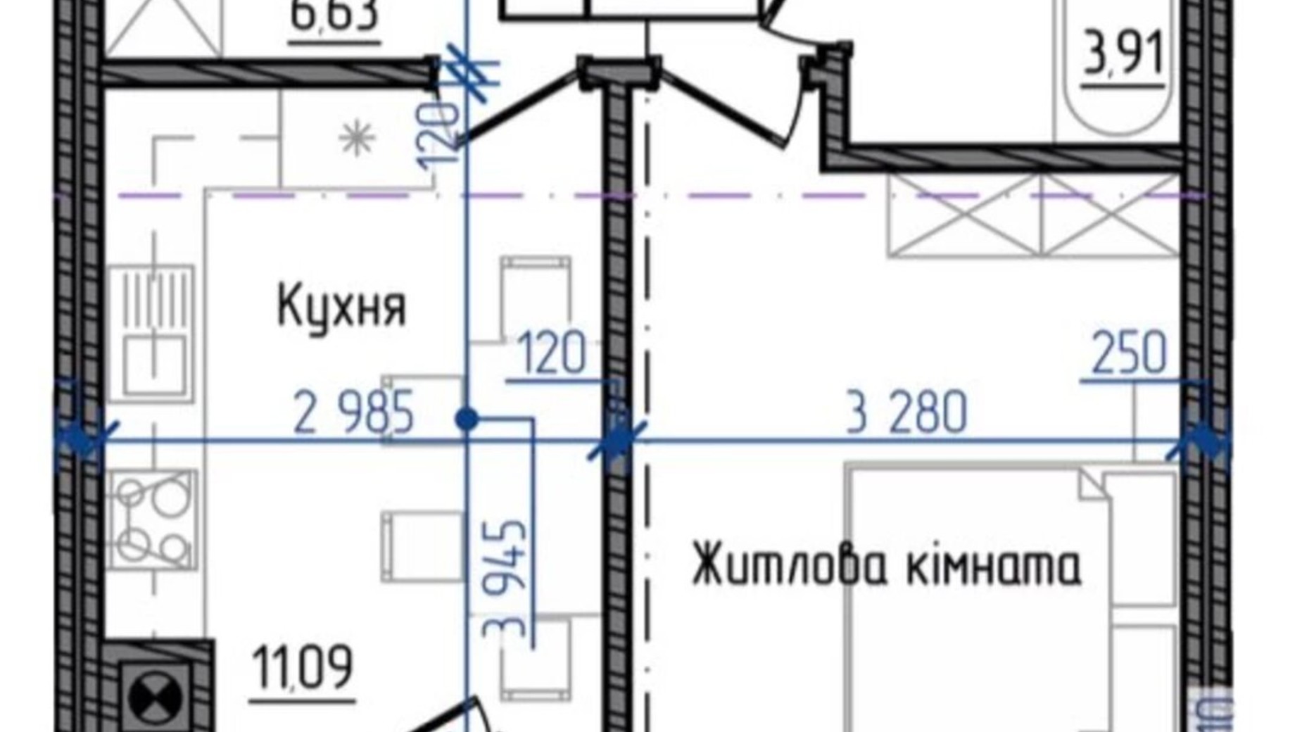 Планування 1-кімнатної квартири в ЖК Престижний 2 40.4 м², фото 254054