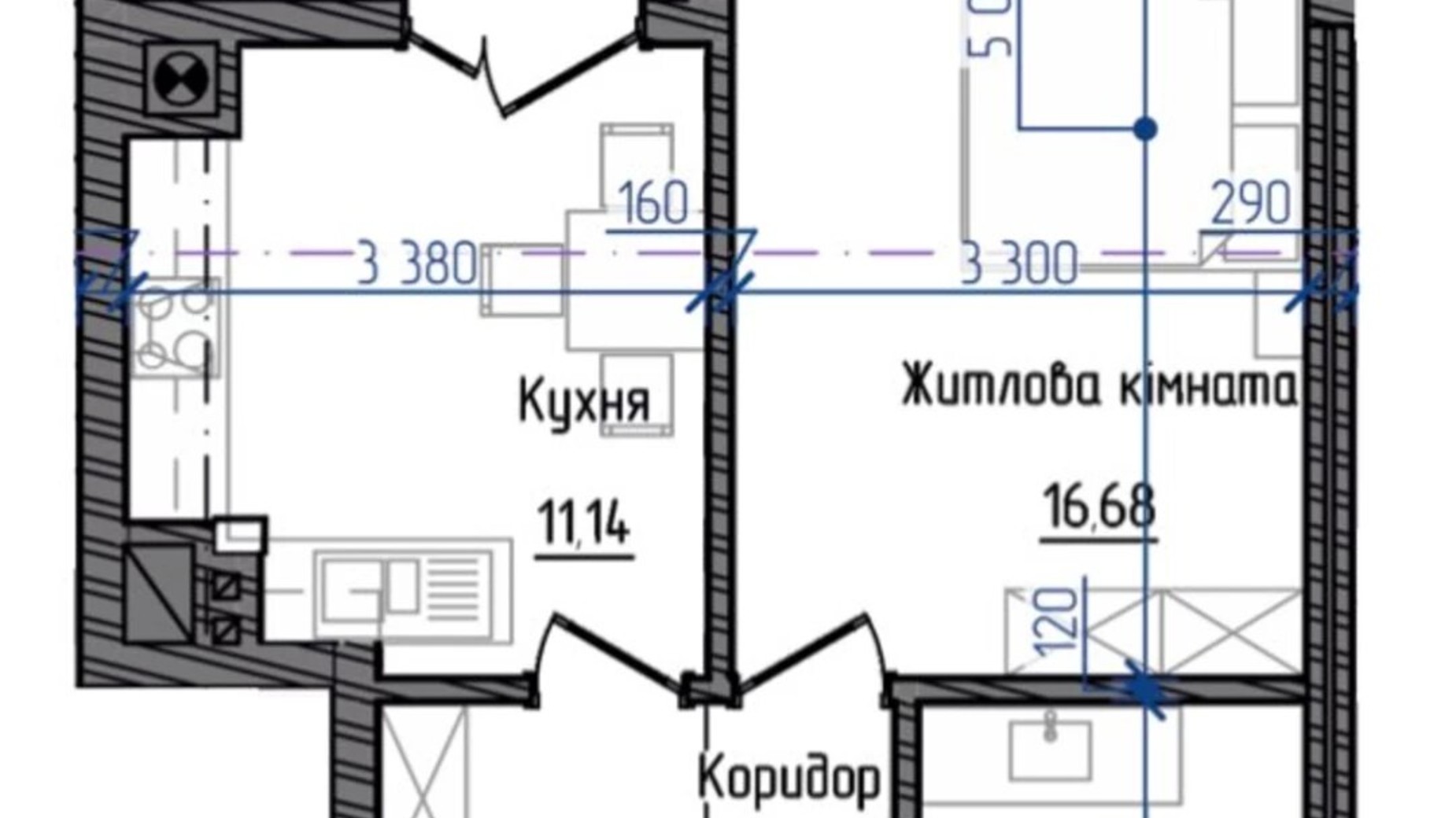 Планировка 1-комнатной квартиры в ЖК Престижный 2 43.06 м², фото 254059