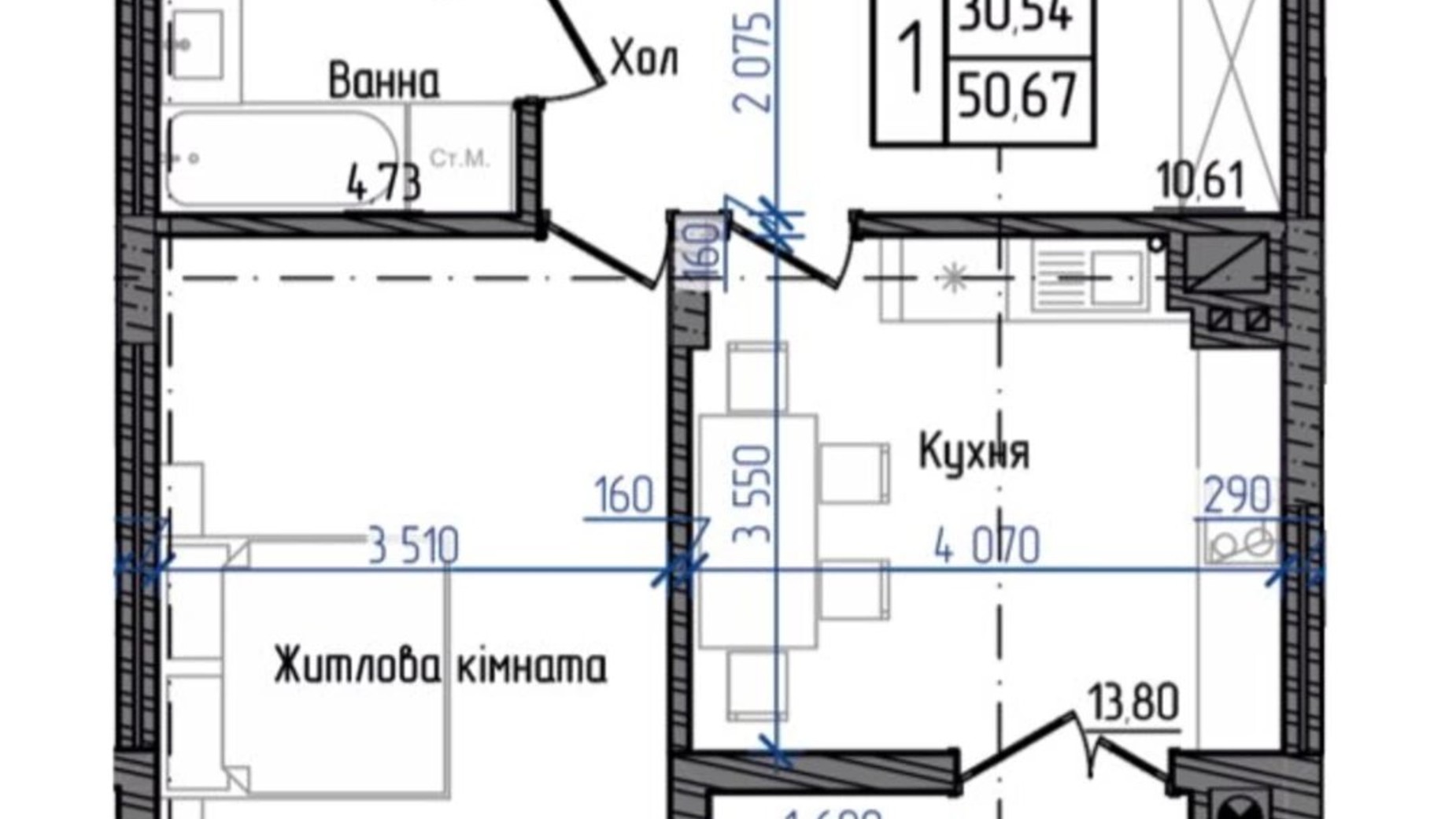 Планировка 1-комнатной квартиры в ЖК Престижный 2 50.67 м², фото 254062