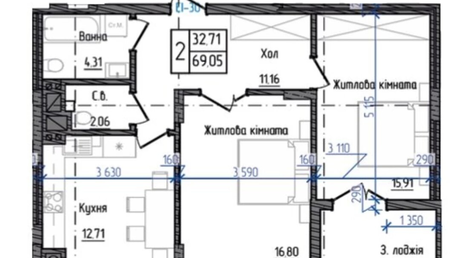 Планування 2-кімнатної квартири в ЖК Престижний 2 69.05 м², фото 254080