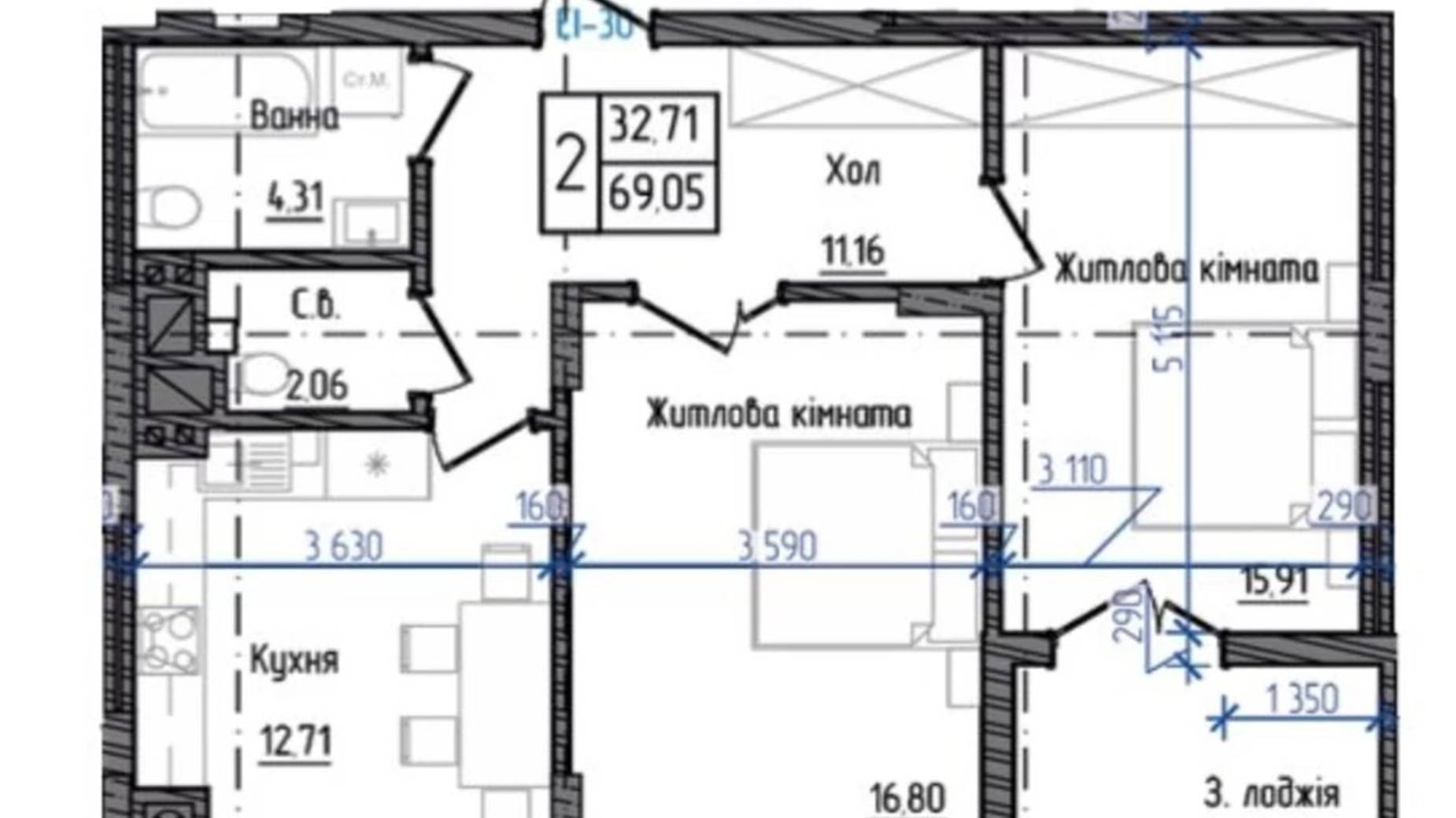 Планування 2-кімнатної квартири в ЖК Престижний 2 69.05 м², фото 254083
