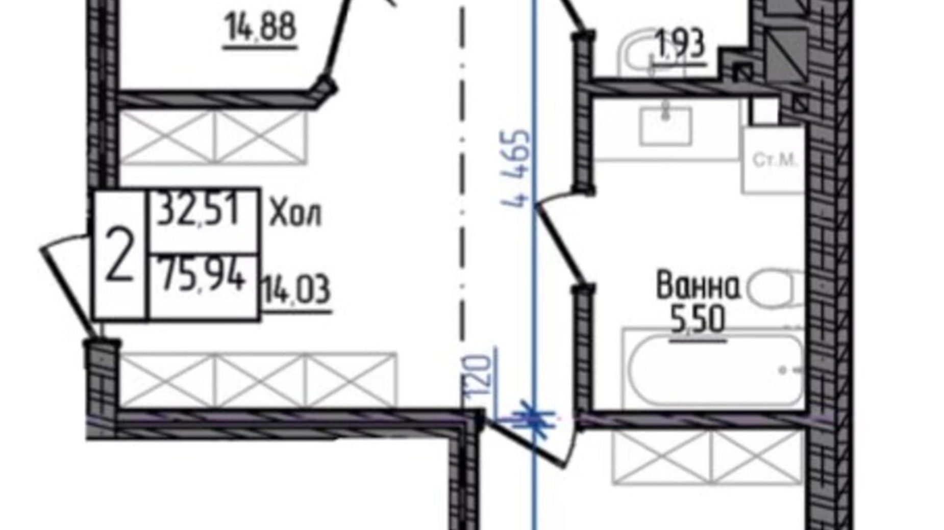 Планировка 2-комнатной квартиры в ЖК Престижный 2 75.94 м², фото 254084