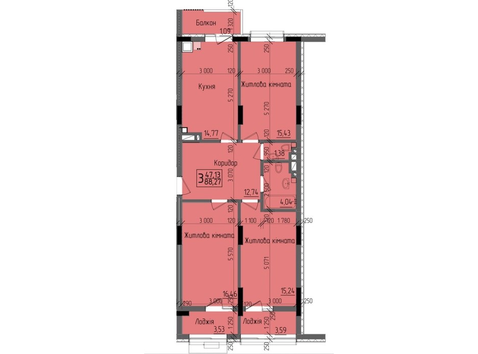 Планировка 3-комнатной квартиры в ЖК KromaxBud 88.27 м², фото 254144 Планировка 3-комнатной квартиры в ЖК KromaxBud 88.27 м², фото 254144