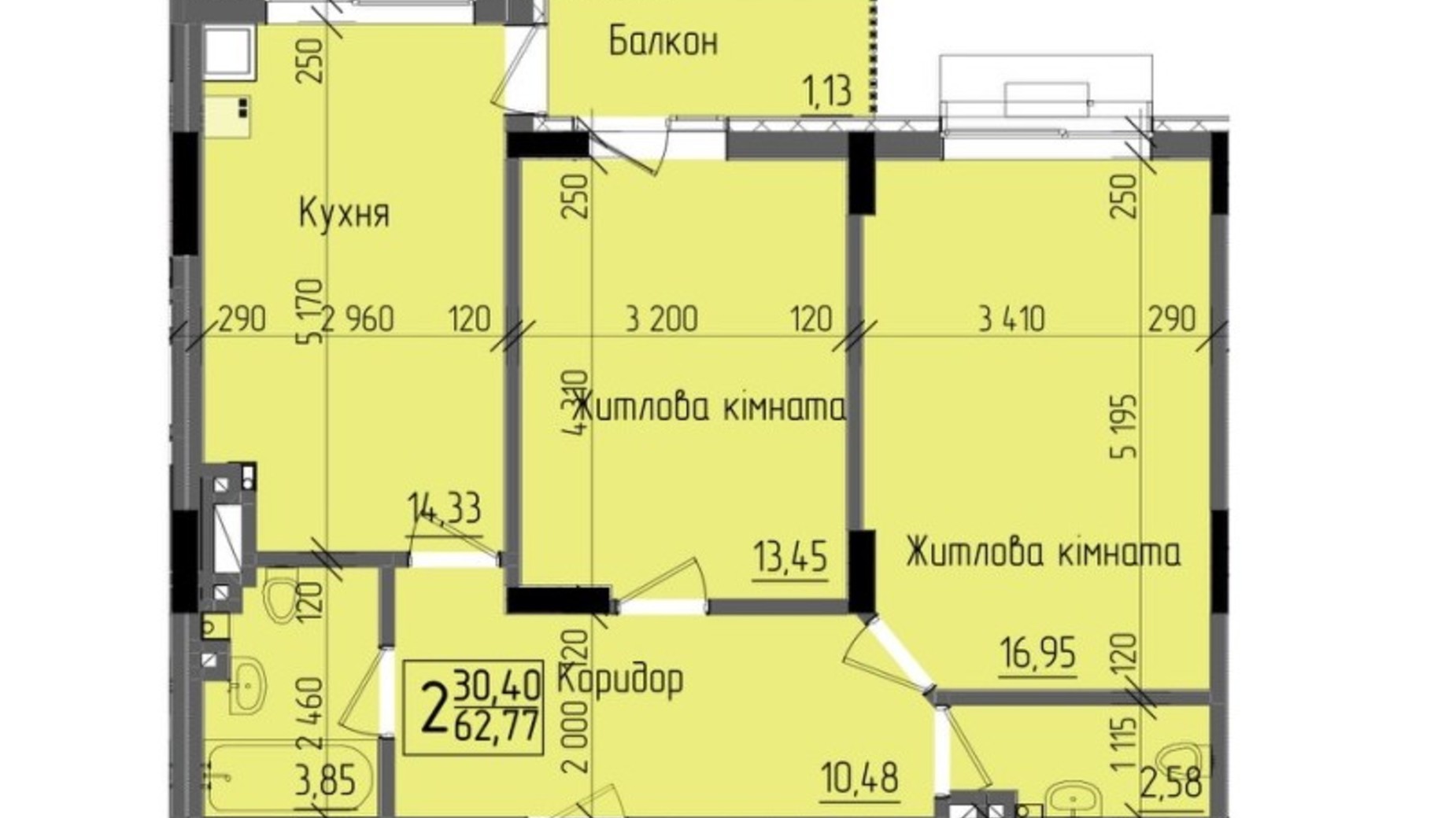 Планування 2-кімнатної квартири в ЖК KromaxBud 62.77 м², фото 254145