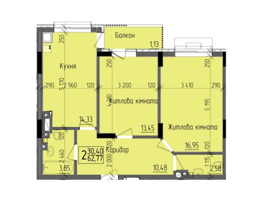 Планировка 2-комнатной квартиры в ЖК KromaxBud 62.77 м², фото 254145 Планировка 2-комнатной квартиры в ЖК KromaxBud 62.77 м², фото 254145