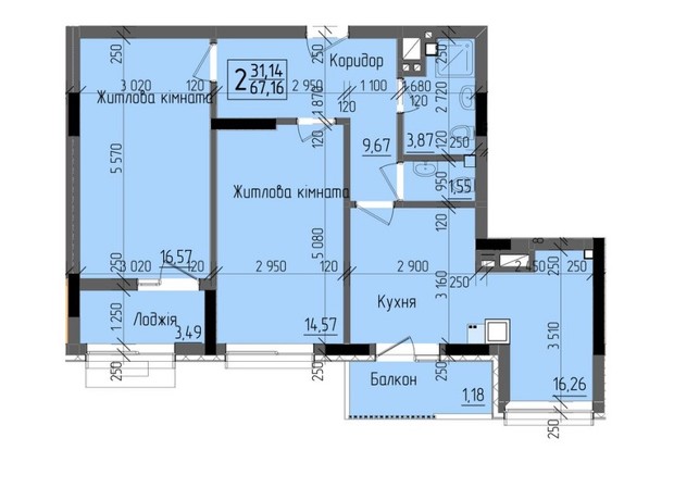 ЖК KromaxBud: планування 2-кімнатної квартири 67.16 м²