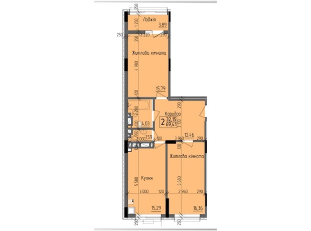 ЖК KromaxBud: планировка 2-комнатной квартиры 69.41 м²