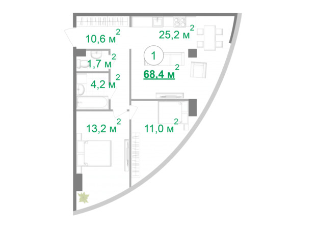 БФК Intergal City: планування 2-кімнатної квартири 68.4 м²