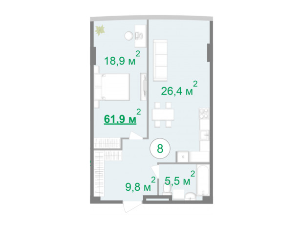 БФК Intergal City: планування 1-кімнатної квартири 61.9 м²