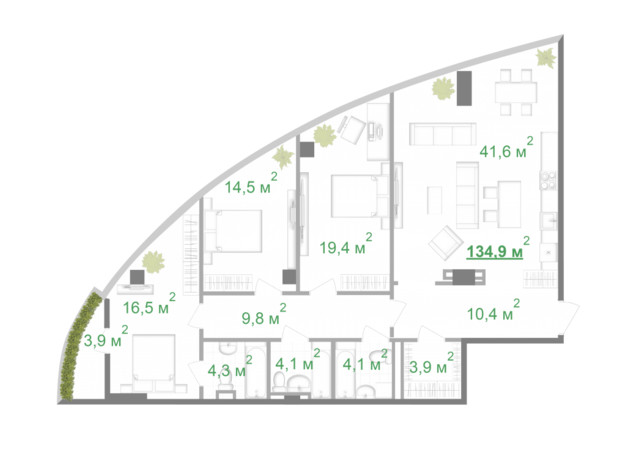 БФК Intergal City: планування 3-кімнатної квартири 137.1 м²